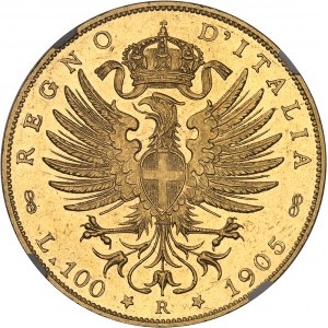 Victor-Emmanuel III (1900-1946). 100 lire à l’aigle aux armes de Savoie, d’aspect Flan bruni (PROOFLIKE) 1905, R, Rome.