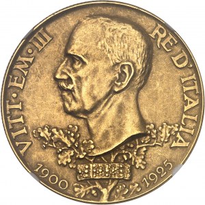 Victor-Emmanuel III (1900-1946). 100 lire Or, Jubilé d’argent, 25 ans du couronnement, Flan bruni et mat 1925, R, Rome.