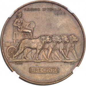 Victor-Emmanuel III (1900-1946). Essai de 100 lire Or, en bronze doré, au quadrige de lions, Flan bruni (PROOF) 1906, Milan (Johnson).