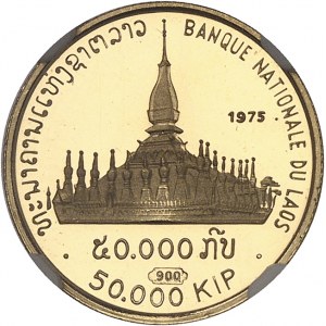 Savang Vatthana (1959-1975). 50.000 kip, temple That Luang, Flan bruni (PROOF) 1975.