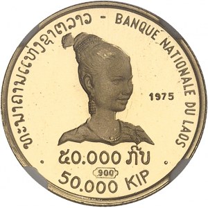 Savang Vatthana (1959-1975). 50.000 kip, jeune fille laotienne, Flan bruni (PROOF) 1975.