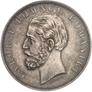 Charles Ier de Roumanie (1866-1914). 5 lei, tranche cannelée, signature sous le buste 1880, B, Bucarest.