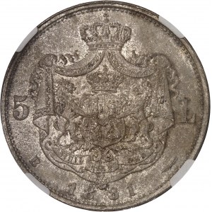 Charles Ier de Roumanie (1866-1914). 5 lei, tranche inscrite en relief à six étoiles 1881, B, Bucarest.