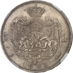Charles Ier de Roumanie (1866-1914). 5 lei, tranche inscrite en relief à cinq étoiles 1882, B, Bucarest.