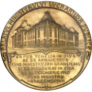 Charles Ier de Roumanie (1866-1914). Médaille d’Or, inauguration du nouveau bâtiment du Ministère des travaux publics, par J. Resch 1910, Bucarest.