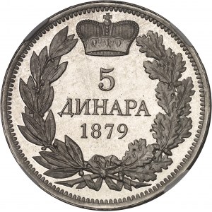 Milan Obrenovich, prince (1868-1882). 5 dinara, Flan bruni (PROOF) 1879.