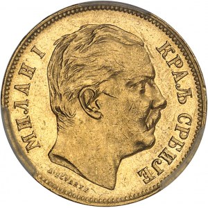 Milan Ier (1882-1889). 20 dinara, 2e type avec légende en relief DIEU SERBIE PROTEGE 1882, V, Vienne.