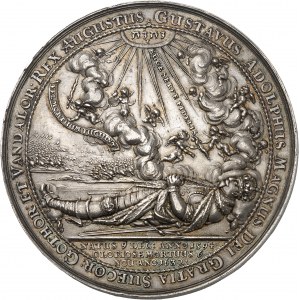 Christine (1632-1654). Médaille au module de 6 thalers, mort du Roi Gustave II Adolphe et rapatriement de son corps à Stockholm, par S. Dadler 1634, Dantzig.