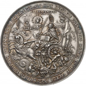 Christine (1632-1654). Médaille au module de 6 thalers, mort du Roi Gustave II Adolphe et rapatriement de son corps à Stockholm, par S. Dadler 1634, Dantzig.