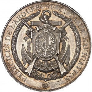 Genève (canton de). Médaille de tir, Exercices de l’arquebuse et de la navigation et 25e anniversaire de la fusion, par C. J. Richard 1881.