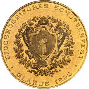 Glaris ou Glarus (canton de). Médaille d’Or, concours de tir de Glarus, 10 au 21 juillet 1892, par Huguenin Frères 1892, Le Locle (Huguenin frères).