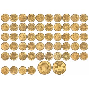 Confédération Helvétique (1848 à nos jours). Série “Monnaies d’Or de la Suisse” comprenant sept pièces variées de 10 francs Vreneli, cinquante pièces de 20 francs Vreneli et une pièce de 100 francs Vreneli 1883 à 1949, B, Berne.