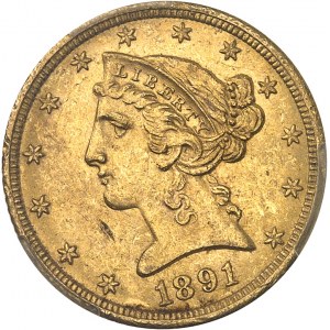République fédérale des États-Unis d’Amérique (1776-à nos jours). 5 dollars Liberty 1891, CC, Carson City.