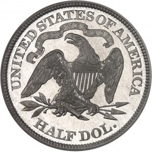 République fédérale des États-Unis d’Amérique (1776-à nos jours). Essai d’un demi-dollar à la Liberté assise, en aluminium, Flan bruni (PROOF) 1870, Philadelphie.