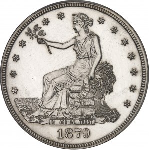 République fédérale des États-Unis d’Amérique (1776-à nos jours). Dollar de commerce (trade dollar), à la Liberté assise, Flan bruni (PROOF) 1879, Philadelphie.