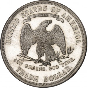 République fédérale des États-Unis d’Amérique (1776-à nos jours). Dollar de commerce (trade dollar), à la Liberté assise, Flan bruni (PROOF) 1879, Philadelphie.