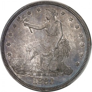 République fédérale des États-Unis d’Amérique (1776-à nos jours). Dollar de commerce (trade dollar), à la Liberté assise, Flan bruni (PROOF) 1883, Philadelphie.