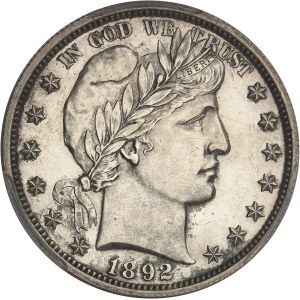 République fédérale des États-Unis d’Amérique (1776-à nos jours). Demi-dollar à la Liberté ou demi-dollar Barber (Barber half dollar), Flan bruni (PROOF) 1892, Philadelphie.