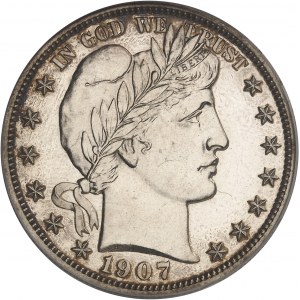République fédérale des États-Unis d’Amérique (1776-à nos jours). Demi-dollar à la Liberté ou demi-dollar Barber (Barber half dollar), Flan bruni (PROOF) 1907, Philadelphie.