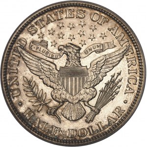République fédérale des États-Unis d’Amérique (1776-à nos jours). Demi-dollar à la Liberté ou demi-dollar Barber (Barber half dollar), Flan bruni (PROOF) 1907, Philadelphie.