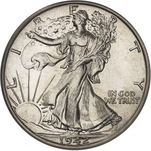 République fédérale des États-Unis d’Amérique (1776-à nos jours). Demi-dollar à la Liberté marchant (Liberty walking half dollar), Flan bruni (PROOF) 1942, Philadelphie.