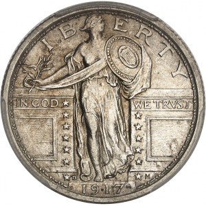 République fédérale des États-Unis d’Amérique (1776-à nos jours). Quart de dollar à la Liberté debout (standing liberty quarter dollar), 1er type 1917, D, Denver.