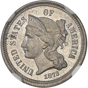 République fédérale des États-Unis d’Amérique (1776-à nos jours). III (3) cent en nickel, Flan bruni (PROOF) 1873, 3 fermé, Philadelphie.