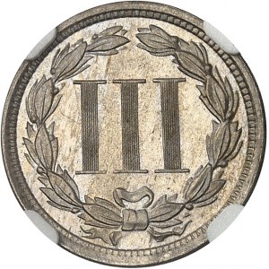 République fédérale des États-Unis d’Amérique (1776-à nos jours). III (3) cent en nickel, Flan bruni (PROOF) 1873, 3 fermé, Philadelphie.