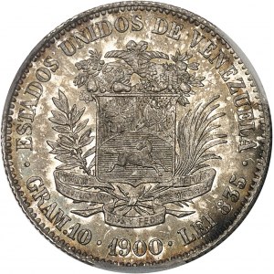 Venezuela (République bolivarienne du) (depuis 1811). 2 bolivares 1900, Paris.