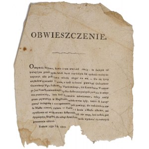 OBWIESZCZENIE INTENDENTA GENERALNEGO ARMII RAJMUNDA REMBELIŃSKIEGO O ZASADACH REKWIZYCJI DLA WOJSKA, Kraków, 15.07.1809, wojna Księstwa Warszawskiego z Austrią