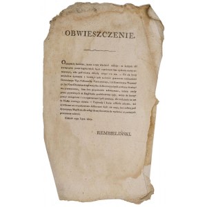 OBWIESZCZENIE INTENDENTA GENERALNEGO ARMII RAJMUNDA REMBELIŃSKIEGO O ZASADACH REKWIZYCJI DLA WOJSKA, Kraków, 15.07.1809, wojna Księstwa Warszawskiego z Austrią