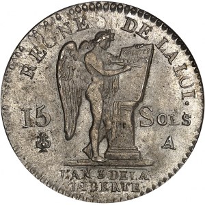 Constitution (1791-1792). 15 sols FRANÇOIS 1791, 2e semestre - An 3, A, Paris (léopard et lyre).