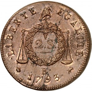 Convention (1792-1795). 2 sols à la balance, refrappe 1793 - An II, B, Rouen.