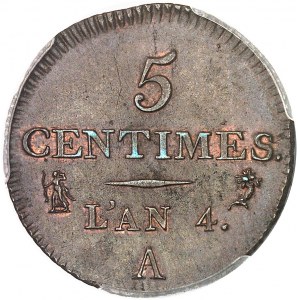 Directoire (1795-1799). Cinq centimes Dupré, petit module An 4 (1795), A, Paris.