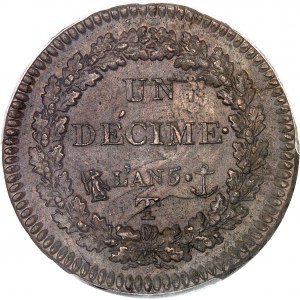 Directoire (1795-1799). Un décime Dupré, surfrappe de 2 décimes AN 5 (1796), T, Nantes.