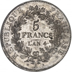 Directoire (1795-1799). 5 francs Union et Force, listel par virole An 4 (1795), A, Paris.