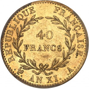 Consulat (1799-1804). 40 francs Bonaparte, Premier Consul An XI (1803), A, Paris.