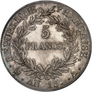 Premier Empire / Napoléon Ier (1804-1814). 5 francs tête nue, calendrier révolutionnaire An 13 (1804), A, Paris.