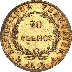 Premier Empire / Napoléon Ier (1804-1814). 20 francs tête nue, calendrier révolutionnaire An 13 (1805), A, Paris.