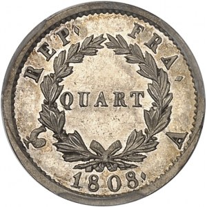 Premier Empire / Napoléon Ier (1804-1814). Quart de franc, tête laurée, REPUBLIQUE, aspect Flan Bruni (PROOFLIKE) 1808, A, Paris.