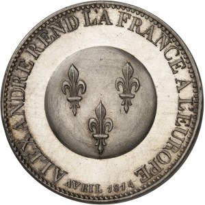 Gouvernement provisoire de 1814 (1er avril au 2 mai 1814). Module de 5 francs, Alexandre Ier pacificateur de l’Europe, légende française, par Tiolier 1814, Paris.