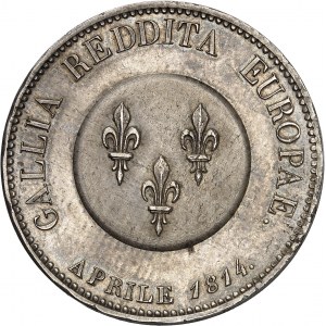 Gouvernement provisoire de 1814 (1er avril au 2 mai 1814). Module de 5 francs, Frédéric-Guillaume III ange de Paix, par Tiolier 1814, Paris.
