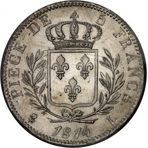 Louis XVIII (1814-1824). 5 francs buste habillé 1814, L, Bayonne.