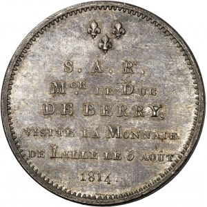 Louis XVIII (1814-1824). Module de 5 francs, visite du Duc de Berry à la Monnaie de Lille, Frappe spéciale (SP) 1814, Lille.