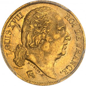 Louis XVIII (1814-1824). 20 francs tête nue 1818, W, Lille.