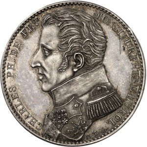 Louis XVIII (1814-1824). Module de 5 francs, visite de la Monnaie de Paris par Charles Philippe de France, Monsieur Frère du Roi, par Tiolier 1818, Paris.
