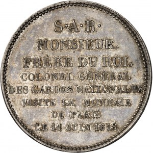 Louis XVIII (1814-1824). Module de 5 francs, visite de la Monnaie de Paris par Charles Philippe de France, Monsieur Frère du Roi, par Tiolier 1818, Paris.