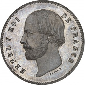 Henri V (1820-1883). Essai de 5 francs par Capel, tranche inscrite en creux, Frappe spéciale (SP) 1871, Bruxelles (Würden).