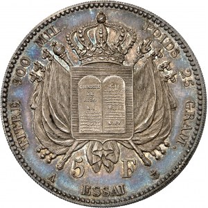Louis-Philippe Ier (1830-1848). Essai de 5 francs à la Charte, 1er type avec chartes inscrites en relief, tranche en relief 1830, A, Paris.