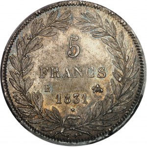 Louis-Philippe Ier (1830-1848). 5 francs tête nue, tranche en creux 1831, B, Rouen.